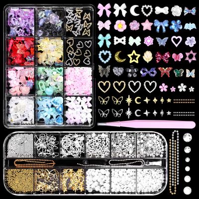 3D Nail Charms and Pearls Gems Set, Alloy Butterfly Heart Nail Charms, Color Butterfly Blossom Flower Bows Heart Nail Art Charms, Butterfly Star Nail Studs Charms DIY Nail Art with Pickup Tools