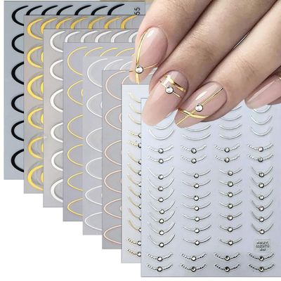 8 Sheets French Tip Nail Stickers for Nail Art,3D Self-Adhesive Gold Sliver Black Strips Nail Art Stickers Curved Lines Designs with Diamonds Rhinestones Nail Decals for Women French Nail Tip Decor