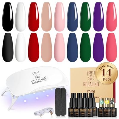 ROSALIND 14PCS Gel Nail Polish Kit with Mini u v Light,9 Colors gel polish Set with Base Coat and Glossy Matte Top Coat Nail art Easy Apply for Women