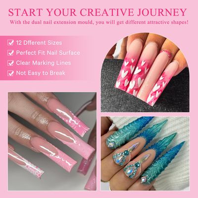 BOMOQING Nail Dual Forms for Poly Gel Set, 12 Styles 12 Sizes Nail Mold Extension Forms, 144Pcs Full Cover False Nail Tips, Duet System with 5pcs Nail Clips Nail Brush Nail Files Cuticle Trimmer