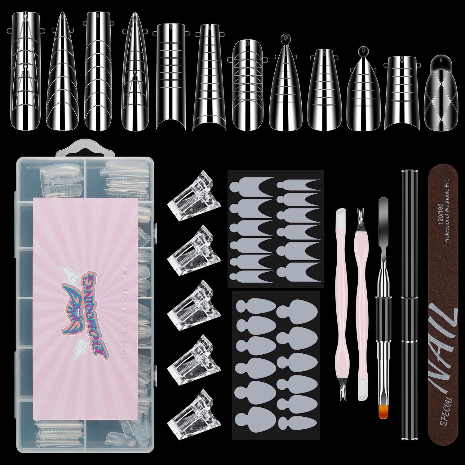 BOMOQING Nail Dual Forms for Poly Gel Set, 12 Styles 12 Sizes Nail Mold Extension Forms, 144Pcs Full Cover False Nail Tips, Duet System with 5pcs Nail Clips Nail Brush Nail Files Cuticle Trimmer