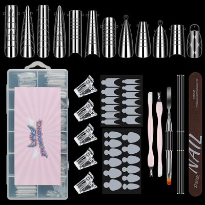 BOMOQING Nail Dual Forms for Poly Gel Set, 12 Styles 12 Sizes Nail Mold Extension Forms, 144Pcs Full Cover False Nail Tips, Duet System with 5pcs Nail Clips Nail Brush Nail Files Cuticle Trimmer