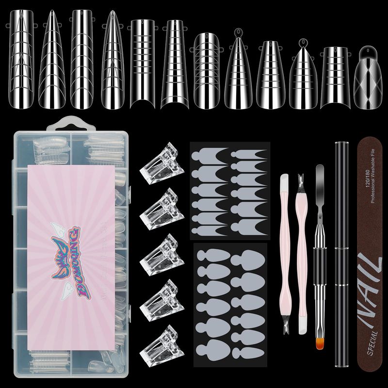 BOMOQING Nail Dual Forms for Poly Gel Set, 12 Styles 12 Sizes Nail Mold Extension Forms, 144Pcs Full Cover False Nail Tips, Duet System with 5pcs Nail Clips Nail Brush Nail Files Cuticle Trimmer