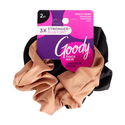 Goody Ouchless Forever Satin Scrunchies, 2 Ct, Brown &amp; Black, 3X Stronger Damage-Free Hold Hair Scrunchies, 16 Strand Inner Core, Styling Accessories for Women &amp; Men, For Medium-Thick Hair