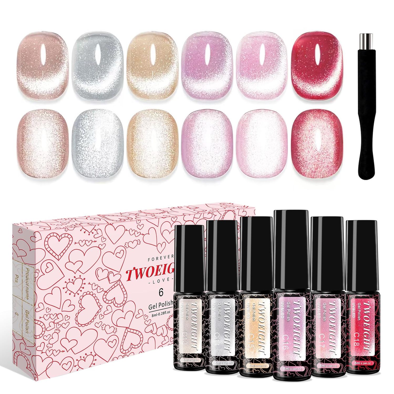 TWOEIGHT Jelly Magnetic Cat Eye Gel Nail Polish Set 8ml6 with 1Magnets Silver Rose Gold Pink Red Purple Nail Salon DIY at Home Sparkle Stunning Gel Polish Gift for Women