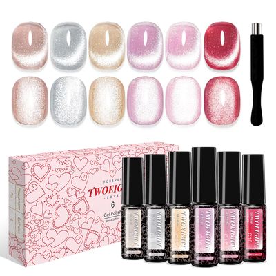 TWOEIGHT Jelly Magnetic Cat Eye Gel Nail Polish Set 8ml6 with 1Magnets Silver Rose Gold Pink Red Purple Nail Salon DIY at Home Sparkle Stunning Gel Polish Gift for Women