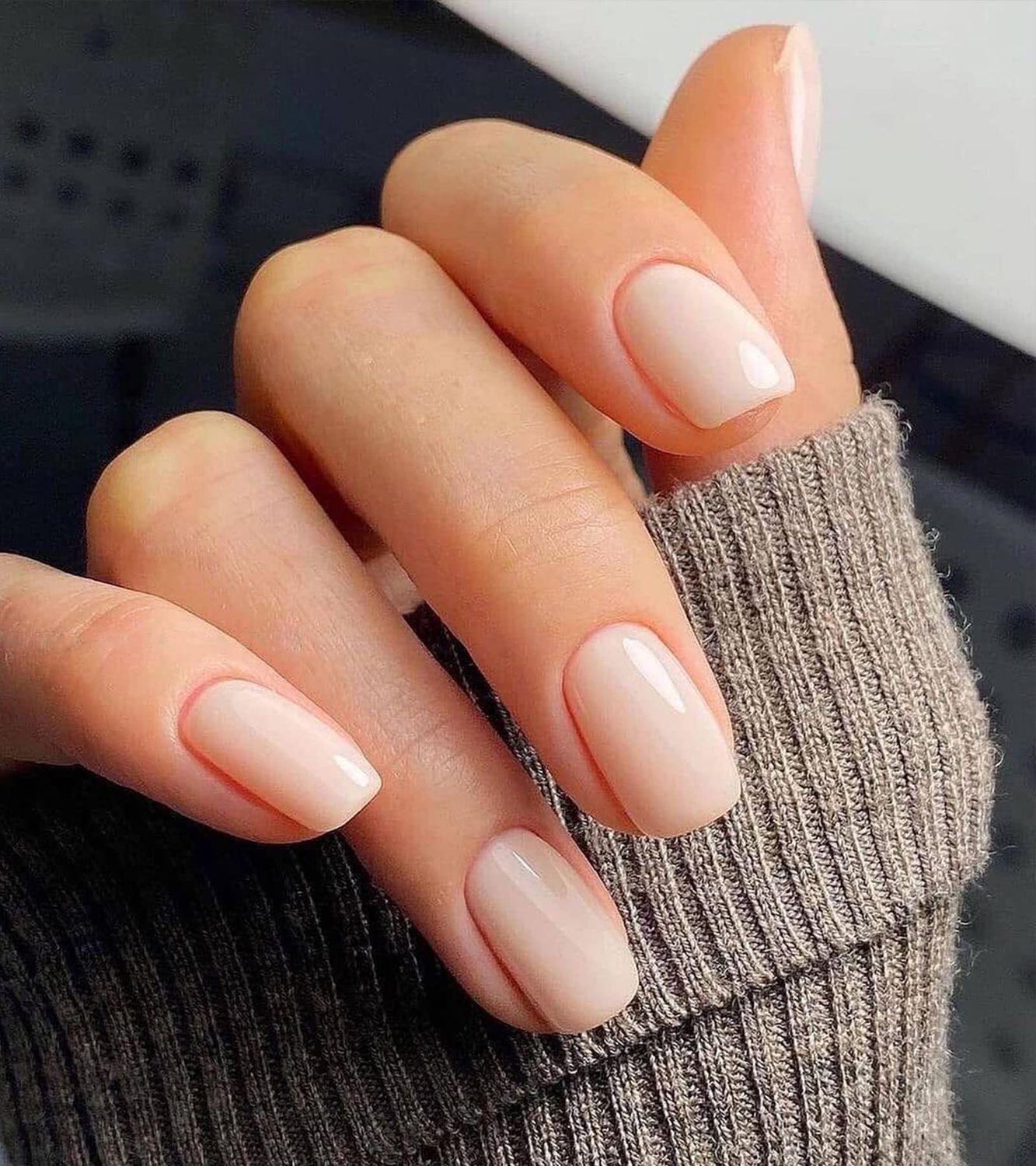 Morily Press on Nails - Nude Fake False Nails Short Square, Solid Color Glossy Squoval Stick on Fingernails for Women - 24Pcs in 12 Sizes