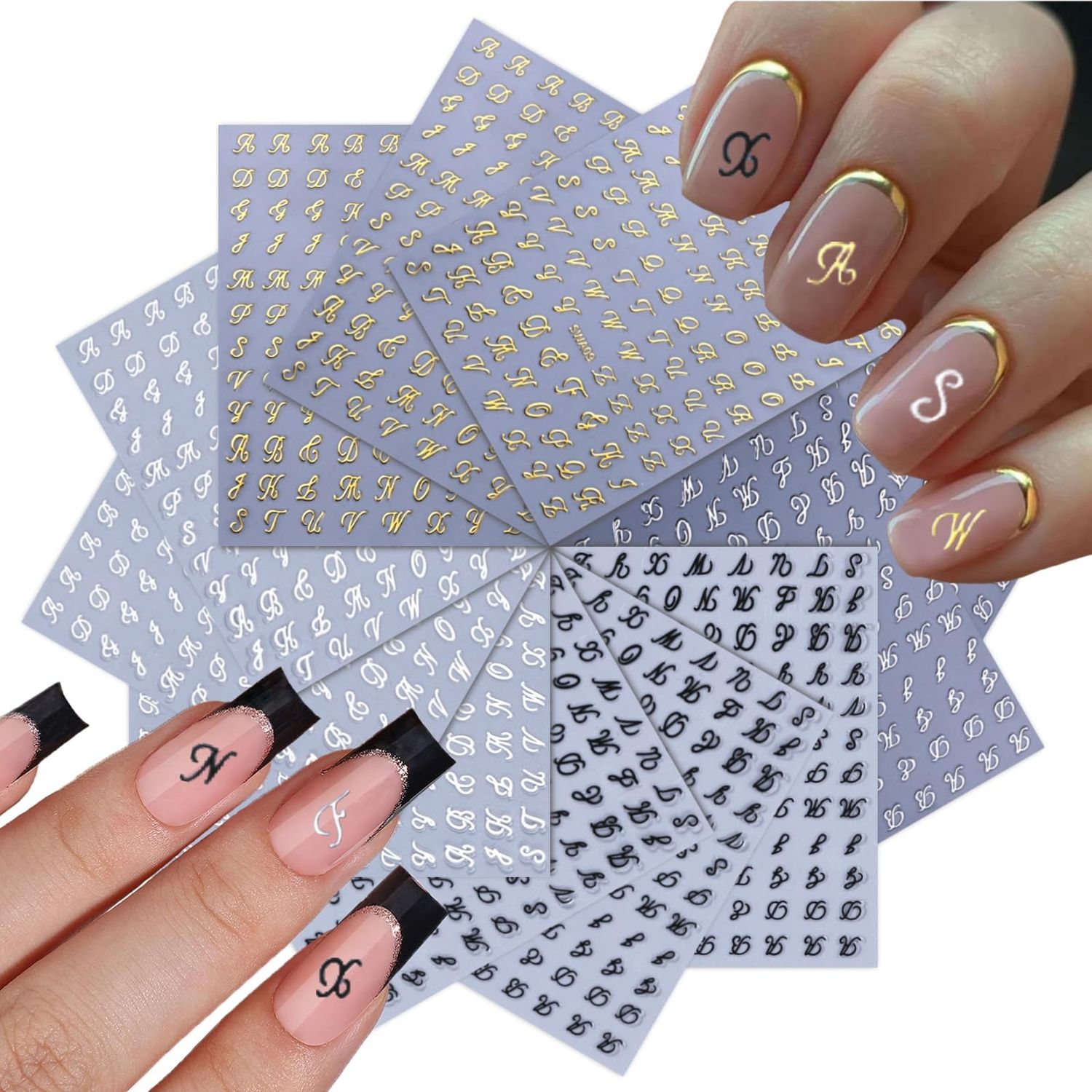 12 Sheets Letter Nail Stickers for Nail Art 3D Self Adhesive White Black Silver Gold Nail Art Stickers English Nail Decals Letter Decoration Accessories for Women Girls DIY Acrylic Nails