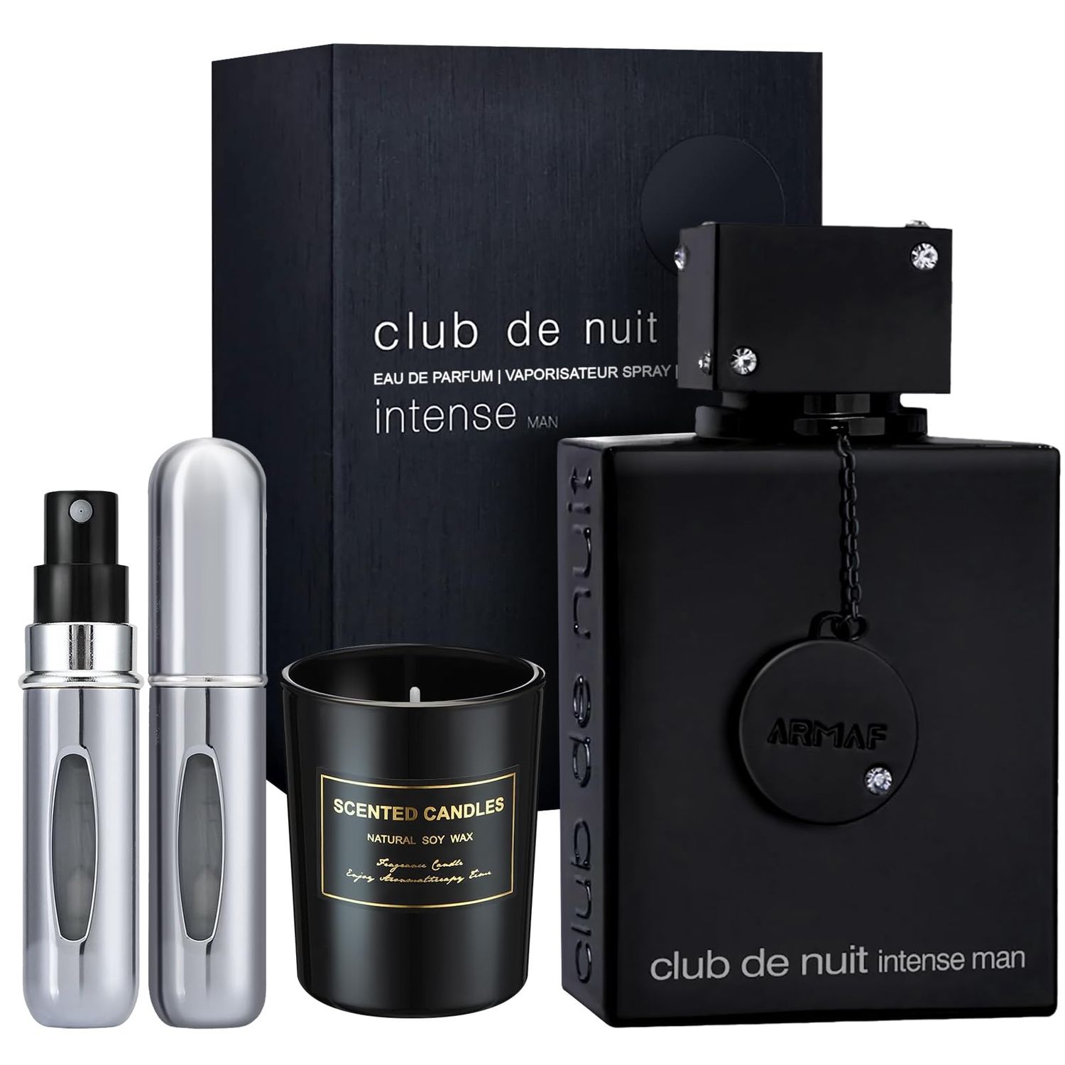 Micasa Fragrances Club De Nuit Intense Perfume For Men 6.8 oz EDP Spray Eau de Parfum - Gift Set Pack with Scented Soy Candle and Empty Travel Perfume Atomizer