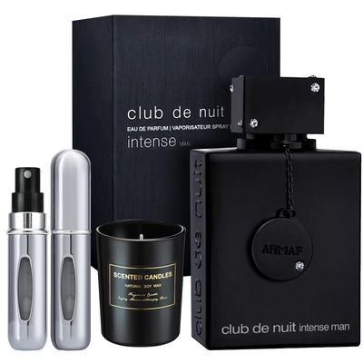 Micasa Fragrances Club De Nuit Intense Perfume For Men 6.8 oz EDP Spray Eau de Parfum - Gift Set Pack with Scented Soy Candle and Empty Travel Perfume Atomizer