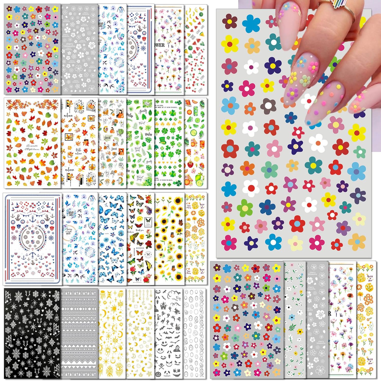 IDDFEVE 30 Sheets All Holiday Nail Art Stickers, Variety Pack Seasonal Nail Decals, Self-Adhesive Colorful Design for Daisy Flowers Butterflies Star Halloween Christmas
