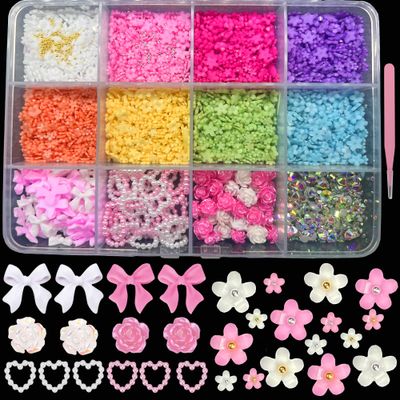 3D Flower Nail Charms Bulk Pink and White Bows Pearls Charms for Nails Cherry Butterfly Heart Pearl Nail Gems Flowers and Bows Nail Supply for Nail Art Design