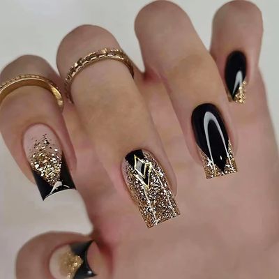 Acrylic Square Press on Nails Medium Length Black Fake Nails Gold Shiny Artificial False Nails with Gold Foil Designs Full Cover Artificial Stick on Nails for Women (style4, 0.86 Fl Oz (Pack of 28))