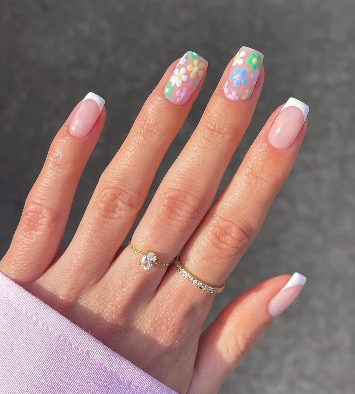 24 Pcs Acrylic Press on Nails Short, Glue on Nails for Women, Fake Nails with Glue (Pink Flower French)