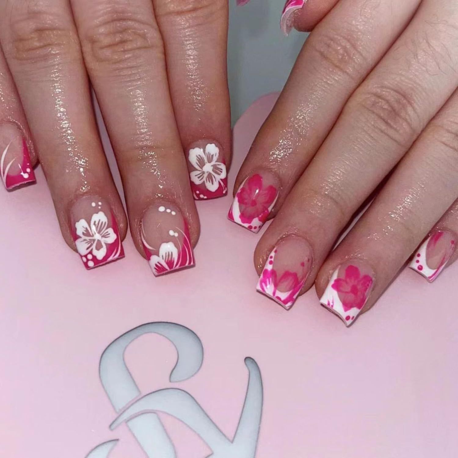 24Pcs Pink Flower Press on Nails Short Square Fake Nail Pink White French Tip Full Cover Glue on Nails Spring Summer White Flower False Nails Glossy Acrylic Nails for Women Girls Manicure Decoration