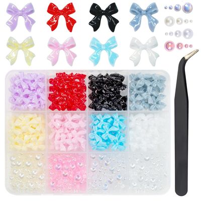 qiipii Bows Nail Charms 3D Black White Pink 8 Color Bowknot Charms for Nails Crafting Flatback Half Pearls Beads Nail Art Supplies Jewels Decor for Acrylic Nails Face Eyes Makeup DIY Crafts (Style A)