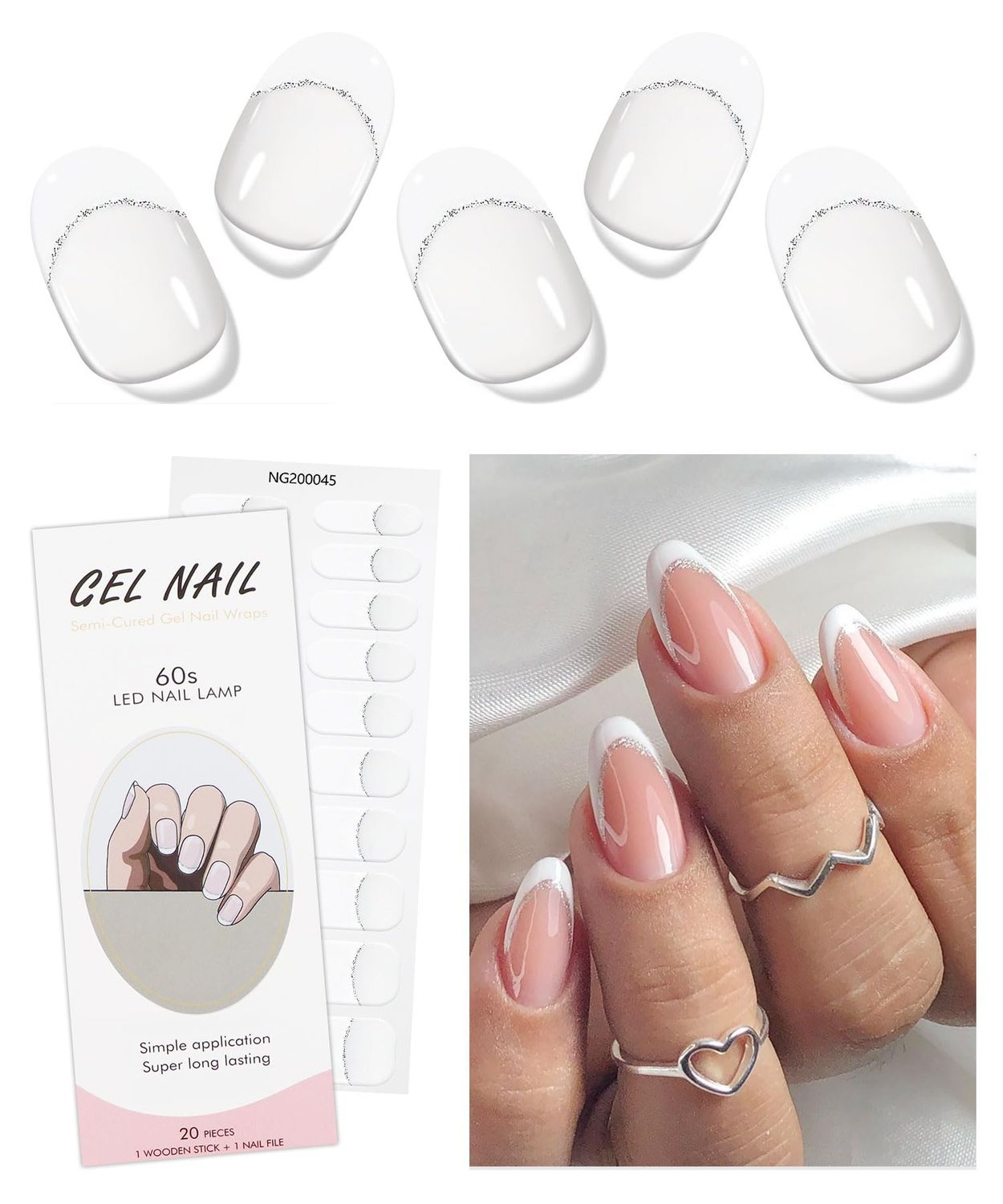 JMEOWIO Gel Nail Stickers White French Tip Transparent Semi Cured Gel Nail Strips Wraps UV/LED Nail Supplies Nail Art Design Decoration Accessories