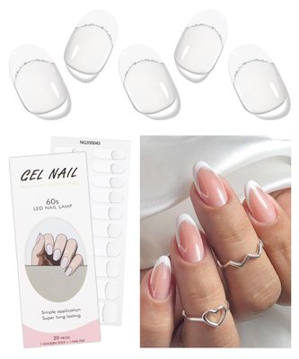 JMEOWIO Gel Nail Stickers White French Tip Transparent Semi Cured Gel Nail Strips Wraps UV/LED Nail Supplies Nail Art Design Decoration Accessories