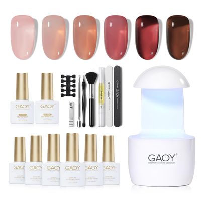 GAOY Gel Nail Polish Kit with UV Light for Beginners, 6 Colors Sheer Nude Red Pink Brown, Gel Polish Kit with Top and Base Coat for Salon and Nail Art DIY at Home, Rose Garden
