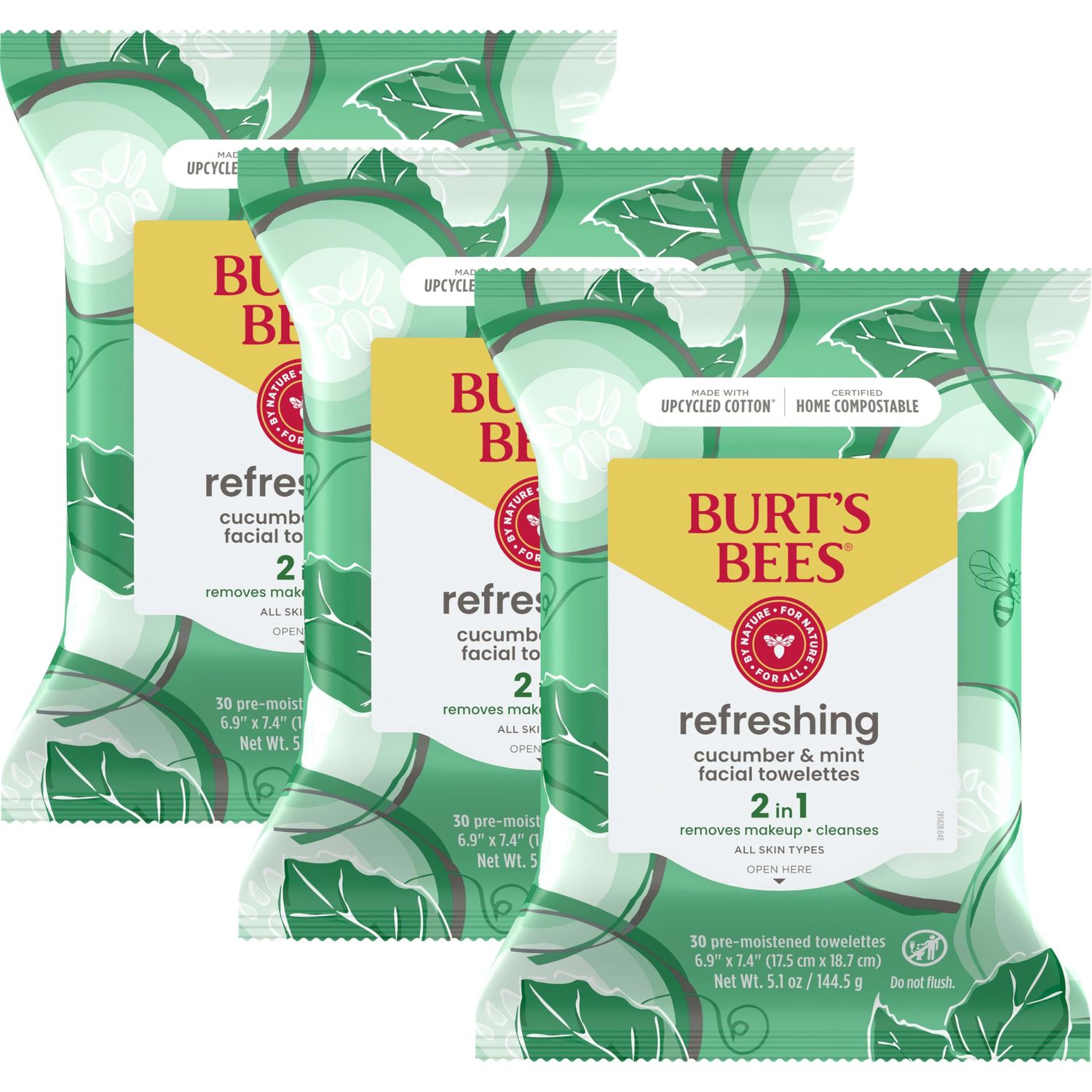 Burts Bees Cucumber &amp; Mint Face Wipes, for All Skin Types, Refreshing Makeup Remover &amp; Facial Cleansing Towelettes, 30 Ct. (3-Pack)