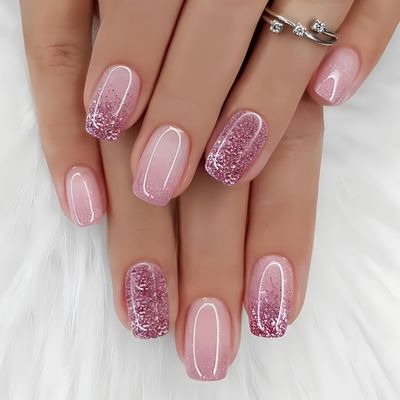 Press on Nails Short Square French Tip Fake Nails Pink &amp; Purple Gradient False Nails with Designs Purple Glitter Glossy Full Cover Glue on Nails Stick on Nails Acrylic Nails for Women Girls 24 Pcs