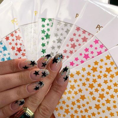 10Sheets Star Nail Stickers 3D Shiny Glitter Five-Pointed Star Nail Decals Self-Adhesive Irregular Pentagram Black White Pink Gold Silver Stars Design Sparkling Star Sticker French Manicure Decoration
