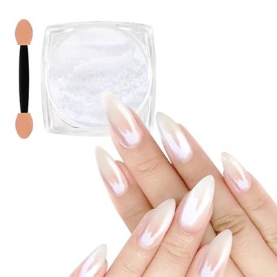 Allstarry White Pearl Chrome Nail Powder, Iridescent Aurora Powder Metallic Mirror Effect Glitter Powder Pearlescent Ice Transparent Mermaid Pigment Pearl Glitter Dust Kit for Nail Art Decoration