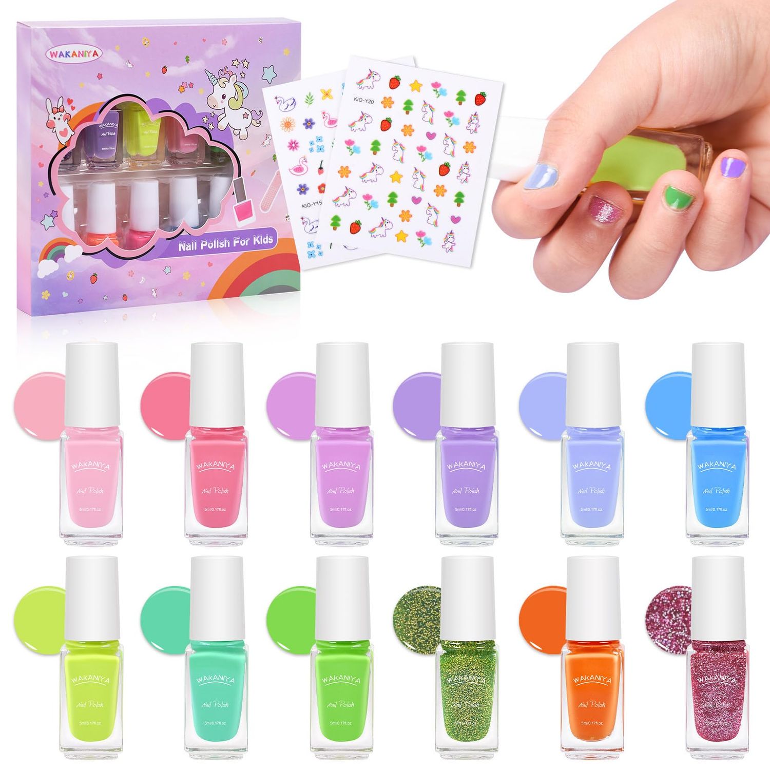 Kids Nail Polish, Non-Toxic Toddler Nail Polish Water-Based Peel-Off Quick Dry Low Odor 12 Candy Colors Mini Nail Kit for Girls