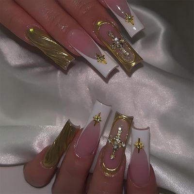 ROFIBUT French Tip Press on Nails Long Square Fake Nails with 3D Relief Design Glossy Gold Solid Color Coffin False Nails Luxury Star Charms Glue on Nail for Women Girls Manicure Nail Decoration 24Pcs