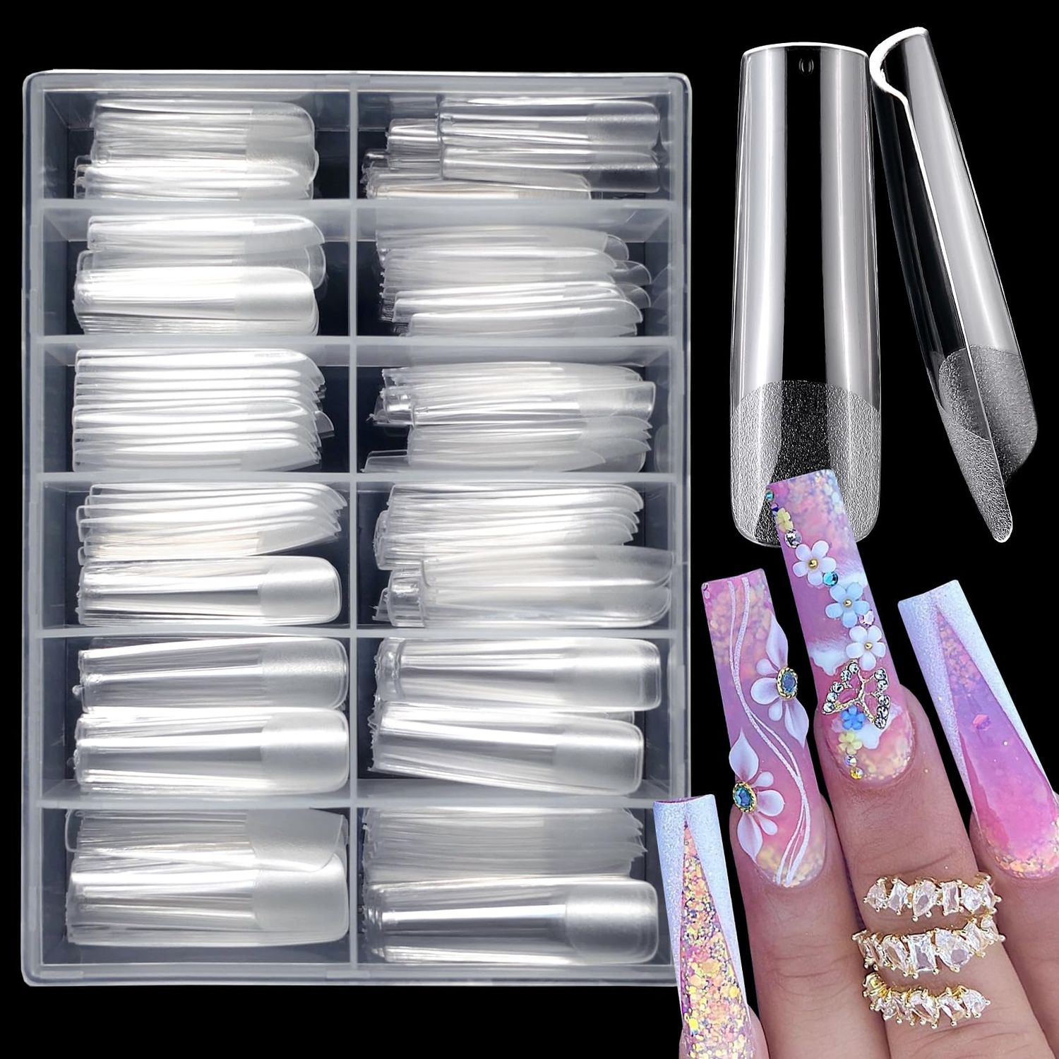 LuckForever 240pc XL Square Gel Nail Tips Clear Fake Nails Extra Long Square Nail Tips Full Cover Artificial Fingernails XL Soft Gel False for Acrylic Nail Extension Press on Making
