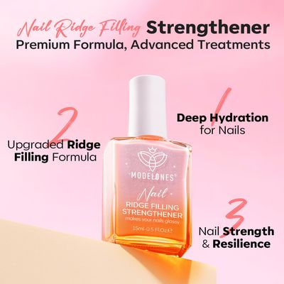 modelones Nail Strengthener, Ridge Filler for Nails, Clear Nail Polish for Thin, Weak & Damaged Nails, Nail Hardener for Nail Protection, Pink Glow, 15ml