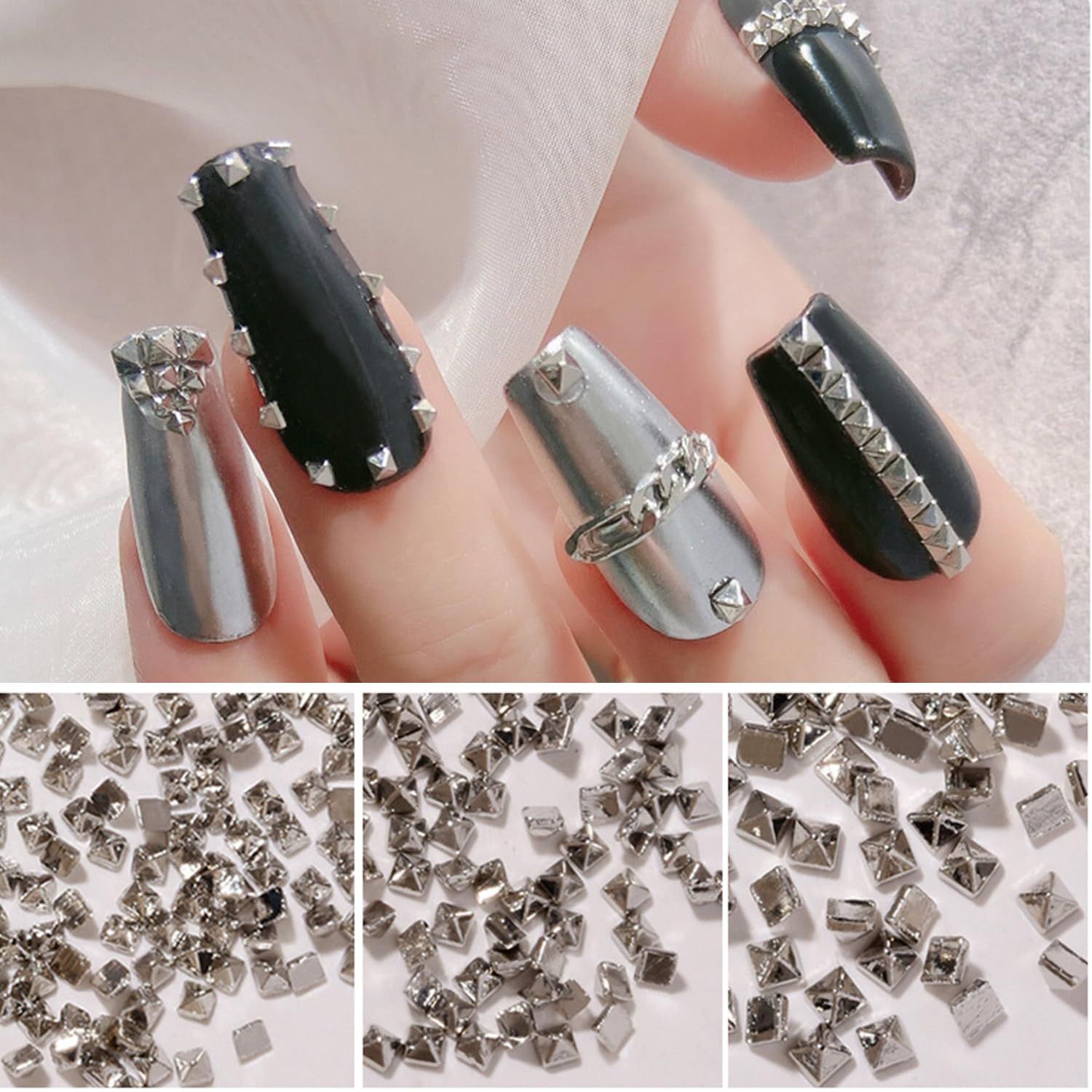 JERCLITY 600pcs Silver Square Spire Nail Charms Alloy Mini Metal Rivet Nail Charms for Acrylic Nails Flat Base Punk Style Square Spire Nail Studs Spike Nail Rivets for Women Nail Art3 Sizes