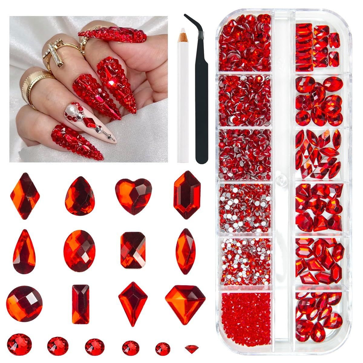 qiipii 2052Pcs Red Nail Art Rhinestones Multi Shapes Crystal Flatback Rhinestones Gems Siam Red Round Beads K9 Glass Stones Diamonds Jewels Nail Art Supplies Charms for Nails Faces Eyes Makeup Crafts