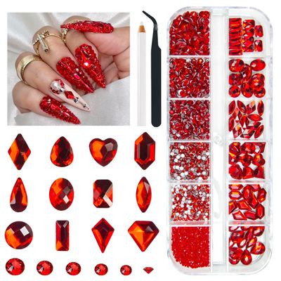 qiipii 2052Pcs Red Nail Art Rhinestones Multi Shapes Crystal Flatback Rhinestones Gems Siam Red Round Beads K9 Glass Stones Diamonds Jewels Nail Art Supplies Charms for Nails Faces Eyes Makeup Crafts