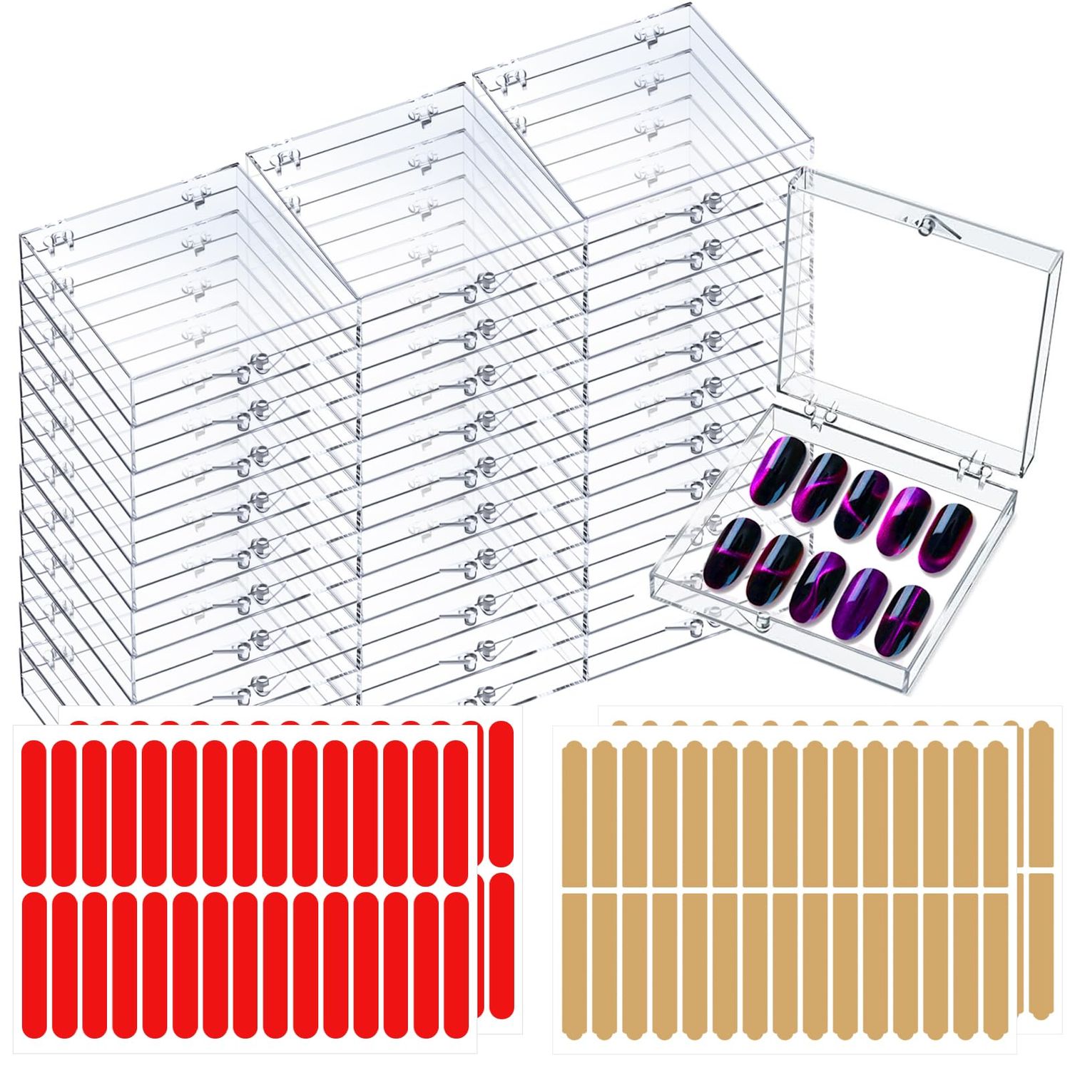 30 Sets Press on Nail Box Nail Display Case Artificial Nail Display Storage Box with 60 Pcs Adhesive Double Sided Tape Press On Nail Packaging for Nail Salon (Clear, 2.76 x 2.76 inch)