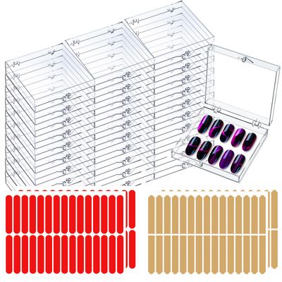 30 Sets Press on Nail Box Nail Display Case Artificial Nail Display Storage Box with 60 Pcs Adhesive Double Sided Tape Press On Nail Packaging for Nail Salon (Clear, 2.76 x 2.76 inch)