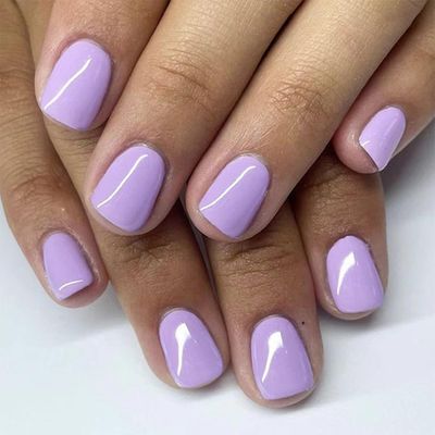 Purple Press on Nails Short Square Fake Nails Glossy Glue on Nails Full Cover Acrylic Nails Press on with Solid Color Design Glossy Stick on Nails Set for Women Girls Daily Wear in 24 PCS