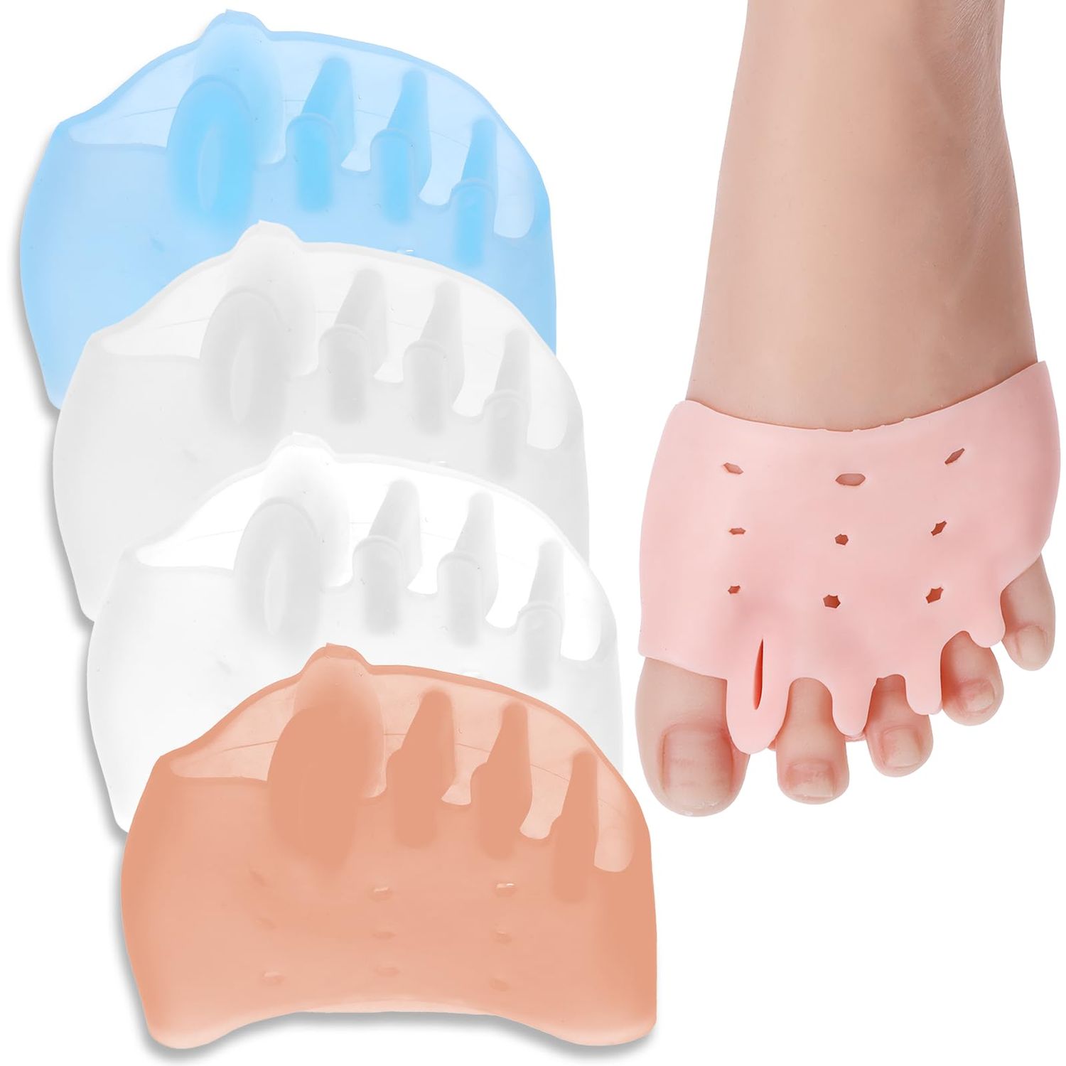 Dimeho 4 Pairs Silicone Toe Separators, Soft &amp; Comfortable Gel Material, Breathable, Pain Relief for Men &amp; Women, White, Bright Skin Color, Transparent, Blue
