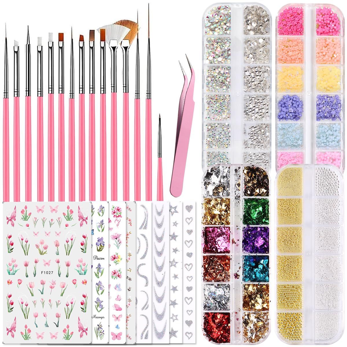 Fcozpjk Nail Design Kit - Art Brushes, Dotting Tools, 3D Flowers &amp; Charms, Gold Leafs, Butterfly Stickers