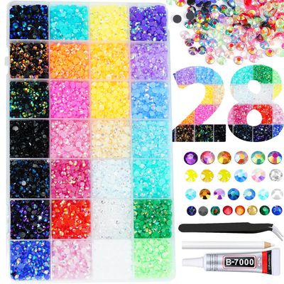 22000PCS Resin Rhinestones for Crafting, 28 Multicolor Mixed 3mm 4mm 5mm Non-Hotfix Stones, Bulk Colorful Jelly AB Bedazzling Gems with Glue for DIY Crafting, Nails, Makeup,Tumblers, Mugs Decoration