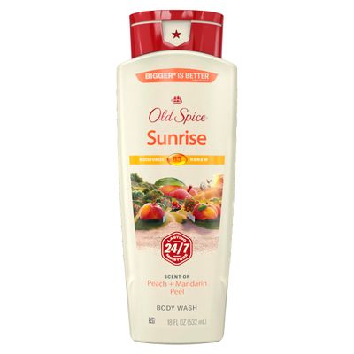 Old Spice Cleansing Body Wash for Men, 24/7 Shower Fresh with Lasting Scent, Moisturize &amp; Renew, Gentle on Skin, Vitamin B3, Sunrise with Peach Mandarin Peel Scent, 18 oz