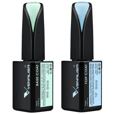 VENALISA 2 Pcs 15ml Gel Nail Ploish Base and Top Coat Set, No Wipe High Gloss Long Lasting Tempered Top Coat Polish Soak Off LED Gel Kit