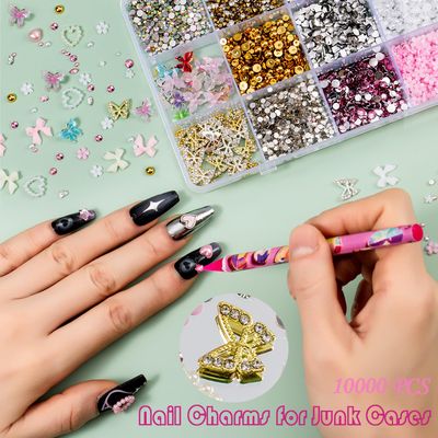 10000pcs Nail Charms and Gems: Pink Cute Bow Heart 3D Flower Charms for Junk Cases kit; Gold Chunky Butterfly Charms for Nails Design, Small Diamond Rhinestones for Nails; Beads Pearls for Nails Art