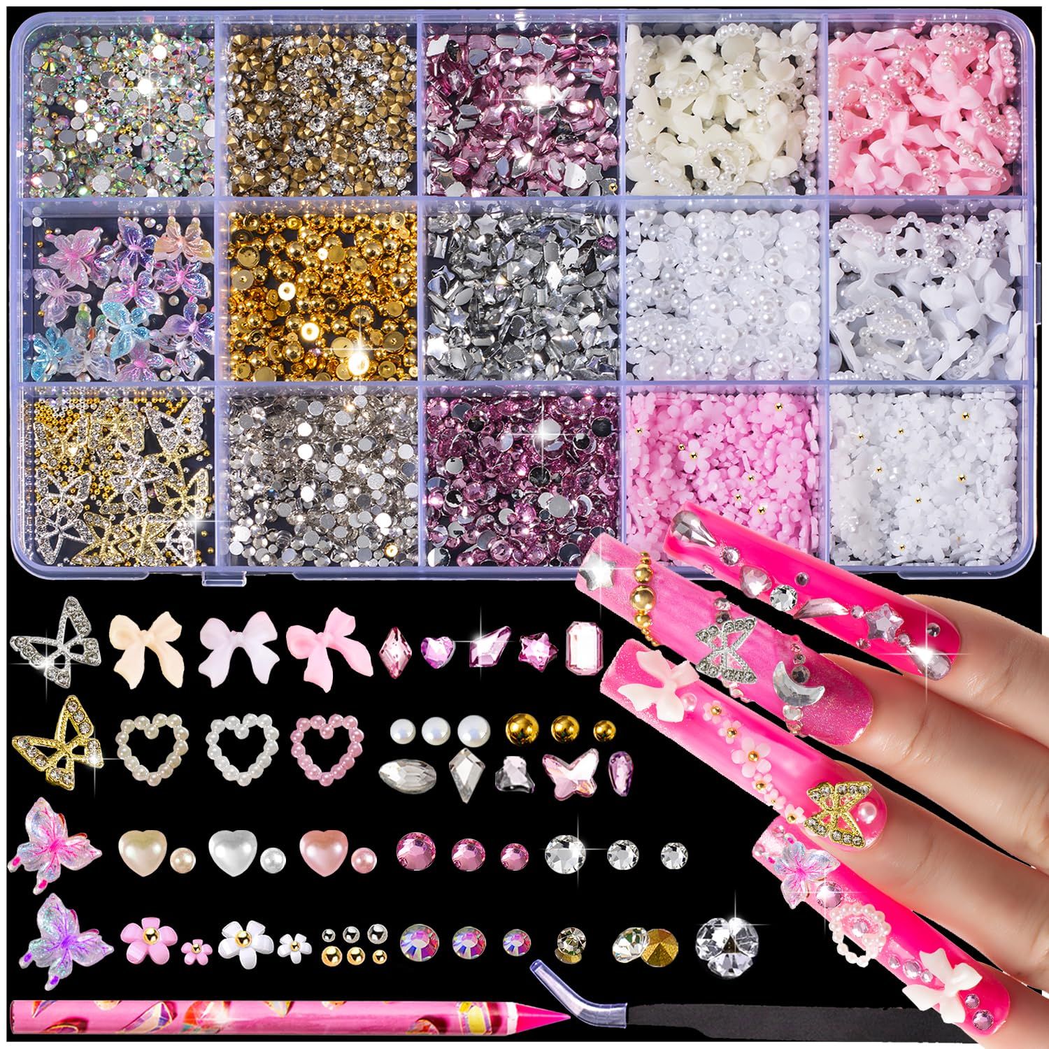 10000pcs Nail Charms and Gems: Pink Cute Bow Heart 3D Flower Charms for Junk Cases kit; Gold Chunky Butterfly Charms for Nails Design, Small Diamond Rhinestones for Nails; Beads Pearls for Nails Art