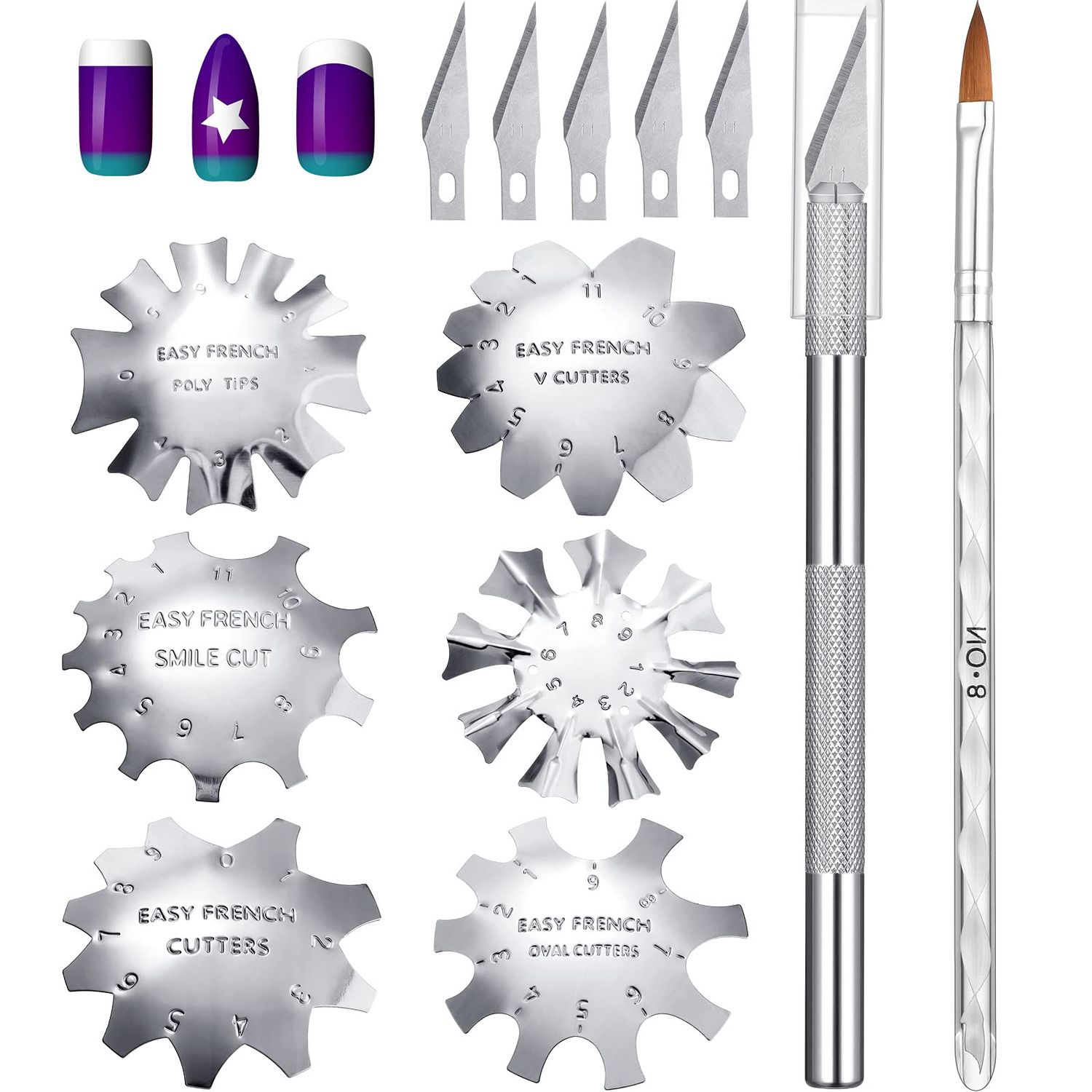Honoson 6 Pieces French Tip Cutter Nail Trimmer Smile Line Cutter, 1 Acrylic Brush, 1 French Tip Knife with 5 Pieces Spare Blades, Nail Tool Set(Silver)