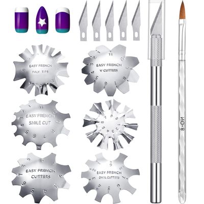 Honoson 6 Pieces French Tip Cutter Nail Trimmer Smile Line Cutter, 1 Acrylic Brush, 1 French Tip Knife with 5 Pieces Spare Blades, Nail Tool Set(Silver)
