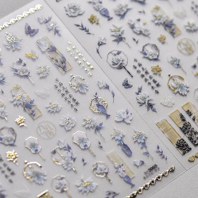 Antique Flower Nail Art Stickers 5D Nail Decals Self Adhsive Chinese Porcelain Style Orchid Flowers Sticker for Women Girls DIY Nails Manicure Salon (Flower)
