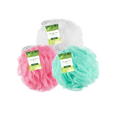 EcoTools Exfoliating EcoPouf 3 Pack, Shower Loofah Scrubs &amp; Cleanses, Pouf with Recycled Netting, Exfoliation Removes Dead Skin, Eco-Friendly Bath Accessory, Cruelty-Free, Color May Vary, (60g Each)