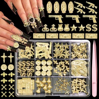 BELICEY 120Pcs 3D Gold Nail Charms, 12Styles Alloy Dollar Gun Coin Nail Art Charms, Golden Punk Star Cross Virgin Mary Charms for Nails, Mix Nail Jewelry Rhinestones for Nails Design Manicure Crafts