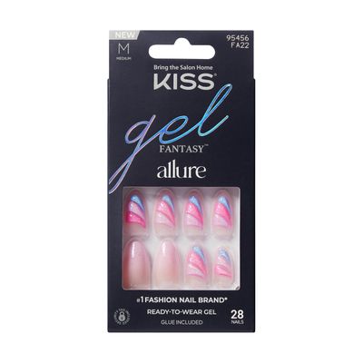 KISS Gel Fantasy Allure Press On Nails Almond, Glide, Pink, Medium Length, Ready to Wear Gel Nails, 28 Fake Nails, Pink Gel Nail Glue (2g), Cuticle Stick, &amp; Mini Nail File